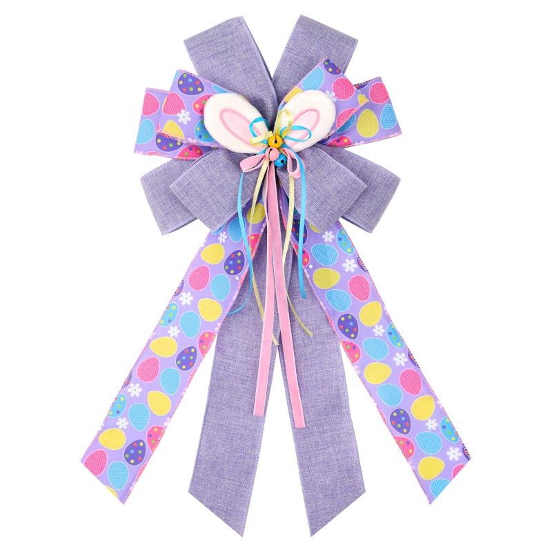 BUVANE Easter Wreath Bows, Large Easter Rabbits Burlap Bows Holiday Bow Rabbits Bunny Bows for Wall Indoor Outdoor Decor (Purple) - Image 1