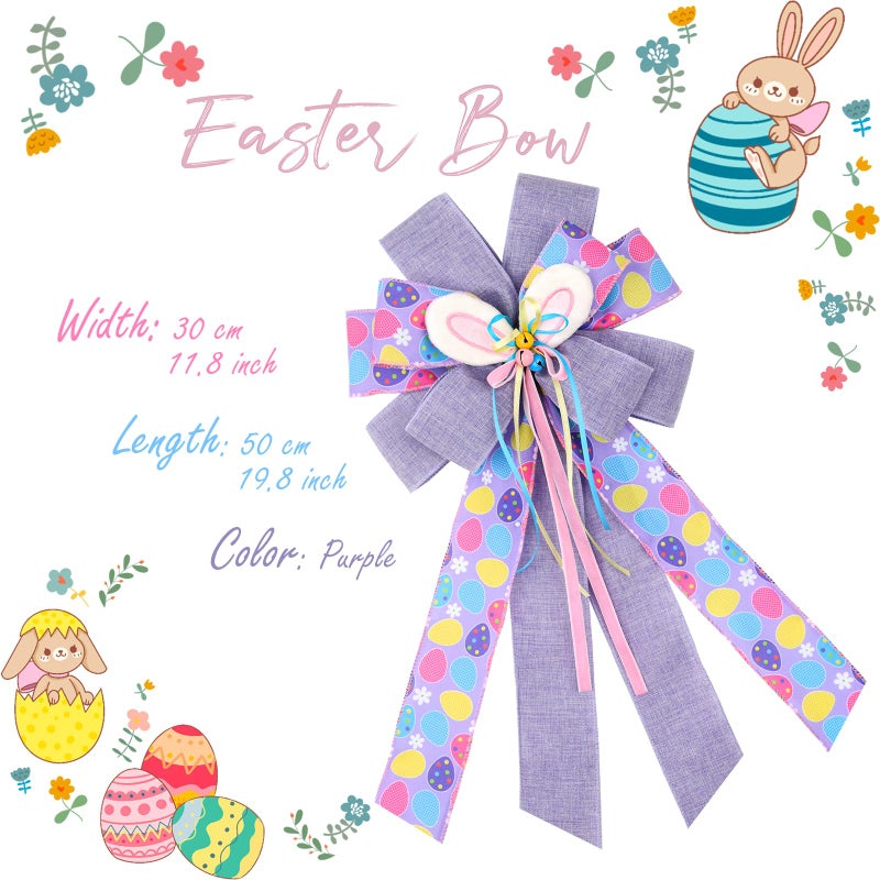 BUVANE Easter Wreath Bows, Large Easter Rabbits Burlap Bows Holiday Bow Rabbits Bunny Bows for Wall Indoor Outdoor Decor (Purple) - Image 2