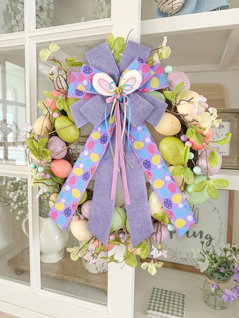BUVANE Easter Wreath Bows, Large Easter Rabbits Burlap Bows Holiday Bow Rabbits Bunny Bows for Wall Indoor Outdoor Decor (Purple) - Image 4