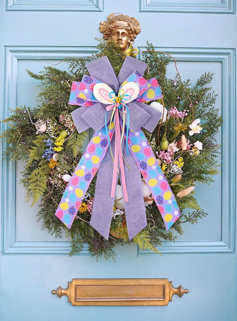 BUVANE Easter Wreath Bows, Large Easter Rabbits Burlap Bows Holiday Bow Rabbits Bunny Bows for Wall Indoor Outdoor Decor (Purple) - Image 3