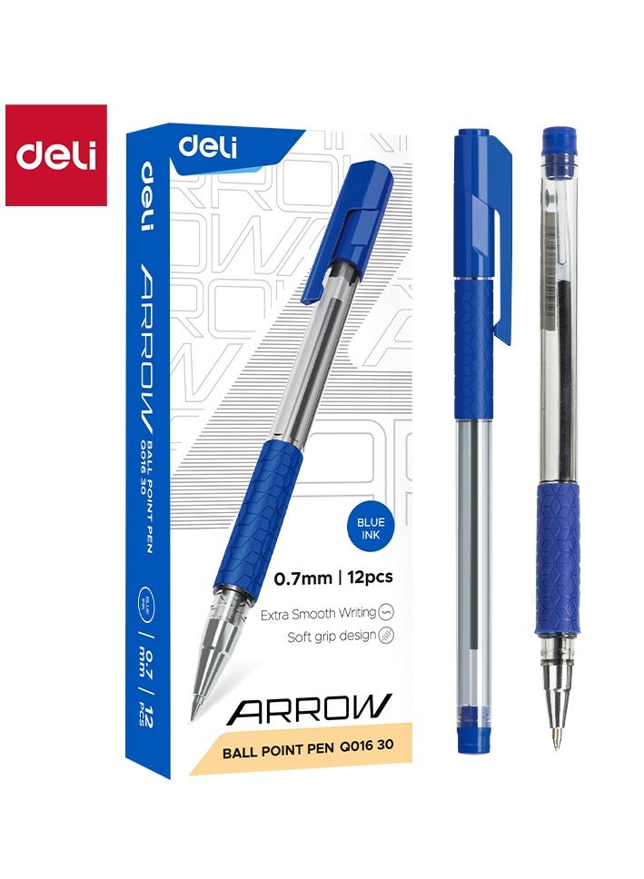 Deli EQ01630 Arrow Ballpoint Pens, 0.7mm Fine Point, Blue Ink, Soft Grip, Smooth Writing Pens for Office & School, 12 Pack. - Image 1