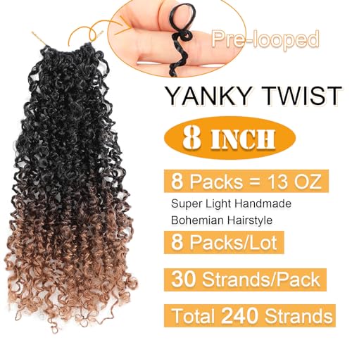 Aksice Pre-looped Yanky Twist Crochet Hair 8 Inch 8 Packs Bohemian Passion Twist Spring Mini Twist Crochet Hair for Black Women Boho Crochet Braids Synthetic (1B/4/30) - Image 2