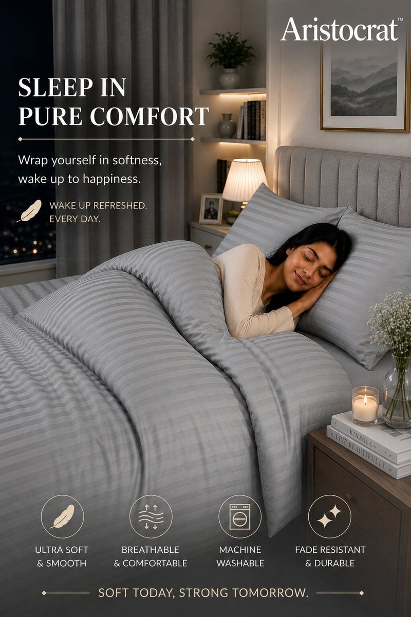 Aristocrat 3-Piece Stripe Microfiber Duvet Cover Set | Single | Includes 1 Duvet Cover (160x220cm) & 2 Pillowcases (53x75+15cm) | Ultra Soft, Breathable & Wrinkle Resistant | grey - Image 3