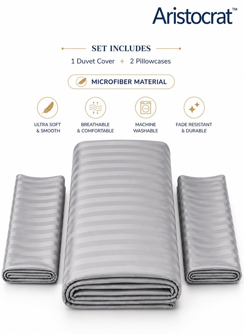 Aristocrat 3-Piece Stripe Microfiber Duvet Cover Set | Single | Includes 1 Duvet Cover (160x220cm) & 2 Pillowcases (53x75+15cm) | Ultra Soft, Breathable & Wrinkle Resistant | grey - Image 2