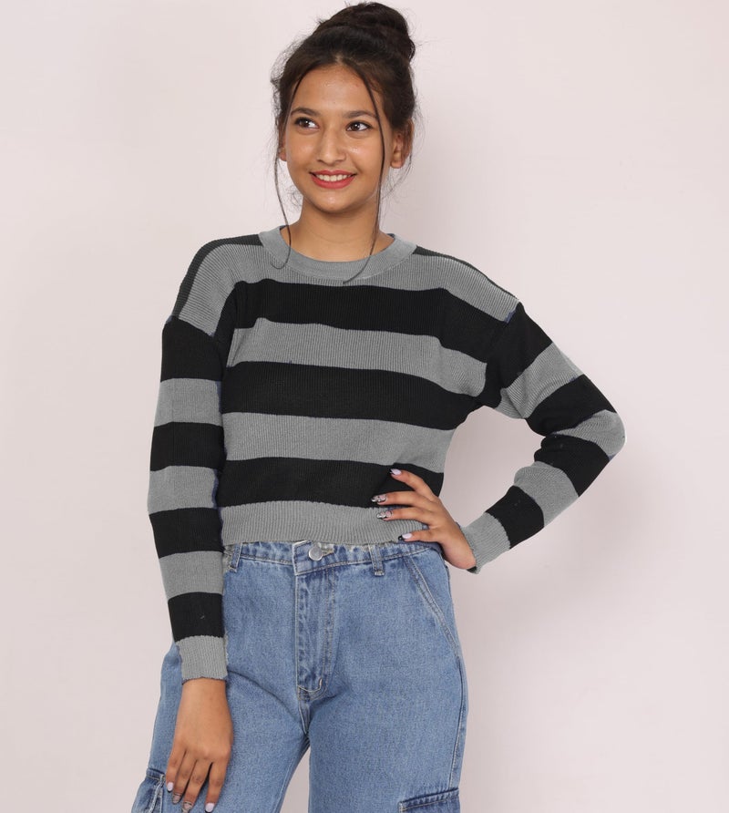 ICW Women's Lazy Style Knitted Woolen Long Sleeve Round Neck Striped Crop Top T-Shirt DN113 (Grey) - Image 3