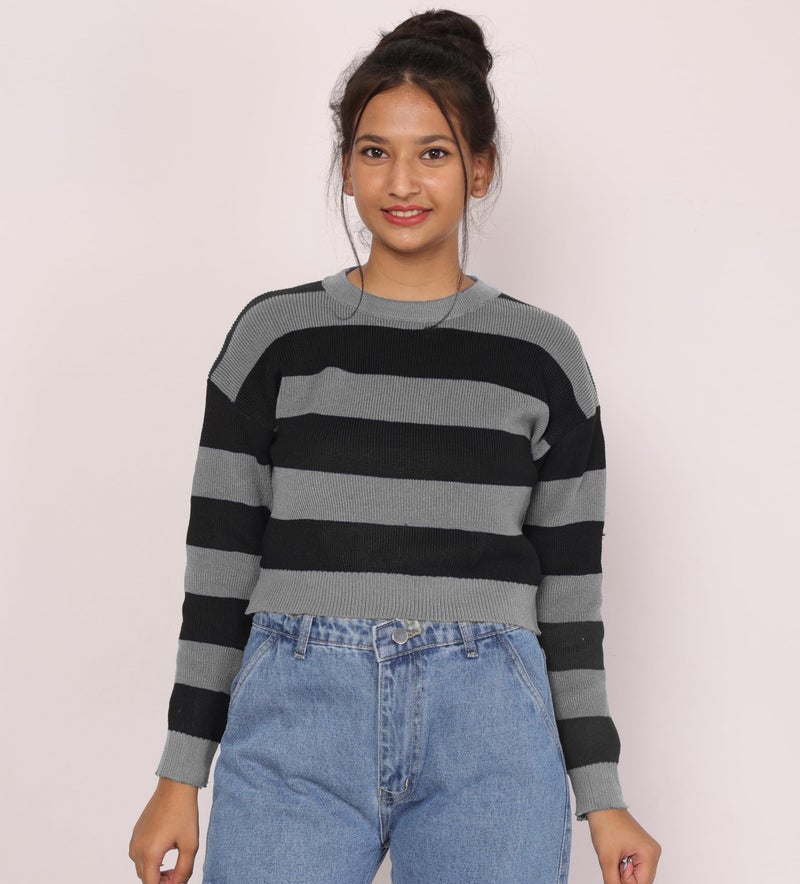ICW Women's Lazy Style Knitted Woolen Long Sleeve Round Neck Striped Crop Top T-Shirt DN113 (Grey) - Image 2