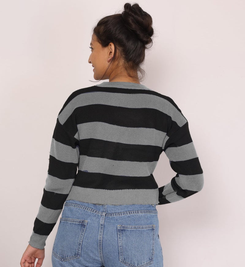 ICW Women's Lazy Style Knitted Woolen Long Sleeve Round Neck Striped Crop Top T-Shirt DN113 (Grey) - Image 4