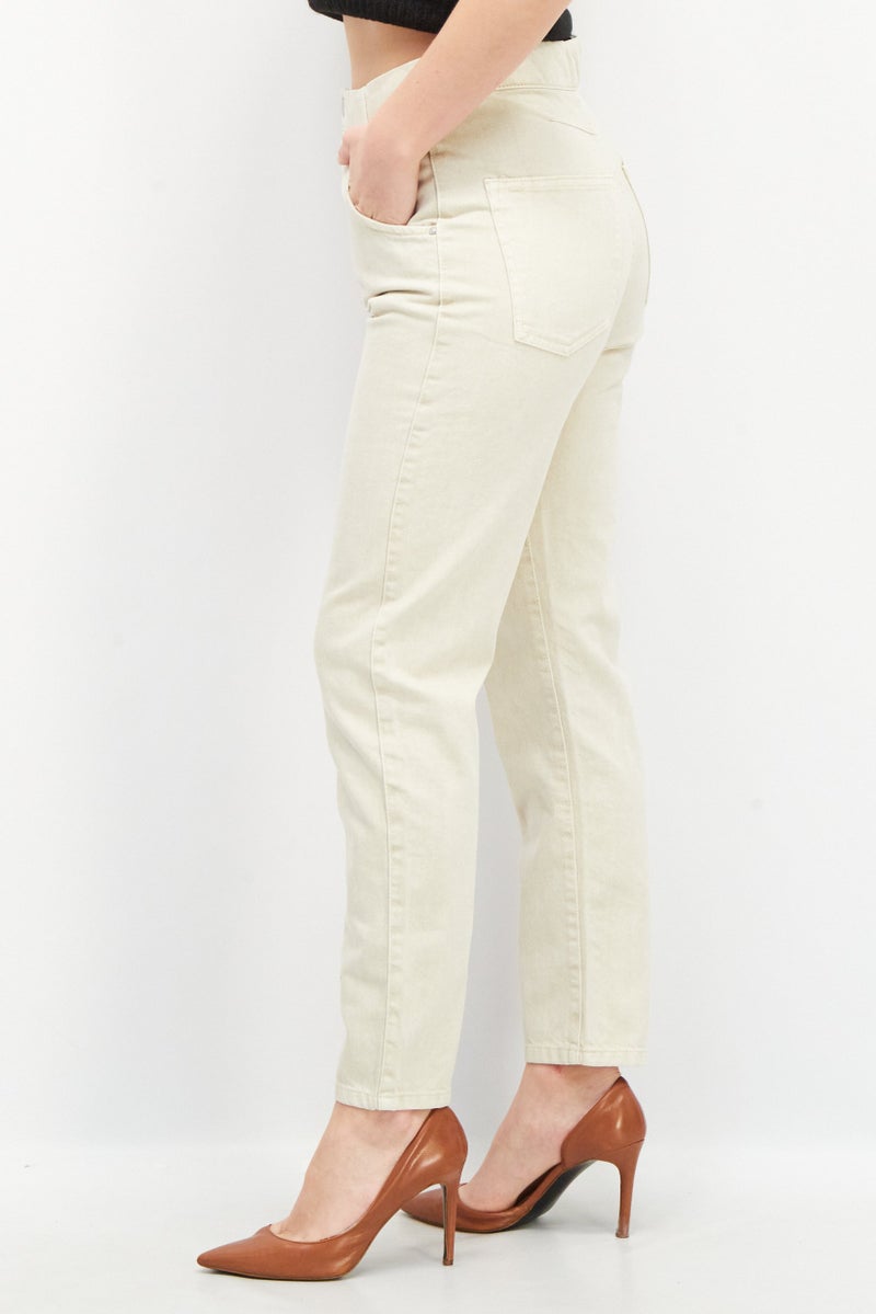 EDC Women Mom Fit Plain Stretchable Jeans, Beige - Image 4