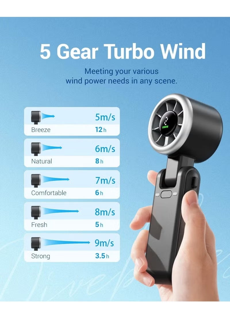Rakzai Portable Handheld Turbo Fan, 5 Gear Wind Hand Fan, 4000mAh Battery Personal Fans Portable Rechargeable, 12 Hours Pocket Fan, 3 IN 1 Hand Held Fan, Portable Fan for Travel/Outdoor/Indoor(Black) - Image 4