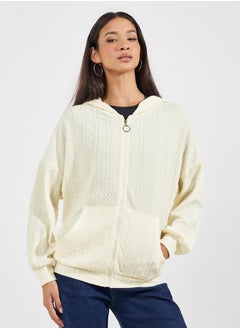 Regular Fit Textured Knit Zip Through Hoodie