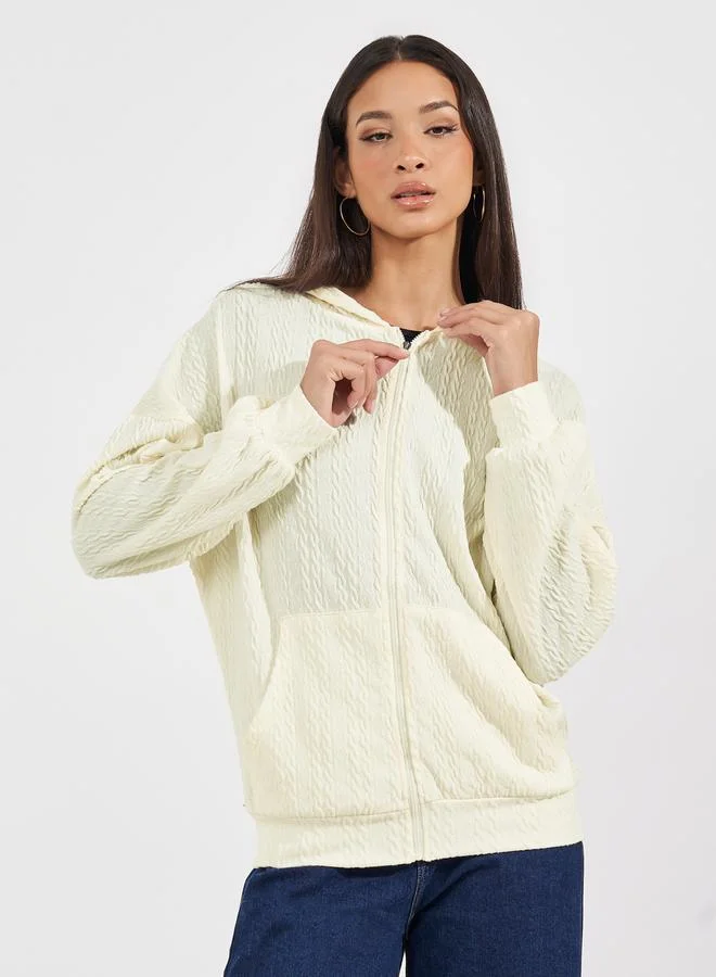 Styli Regular Fit Textured Knit Zip Through Hoodie