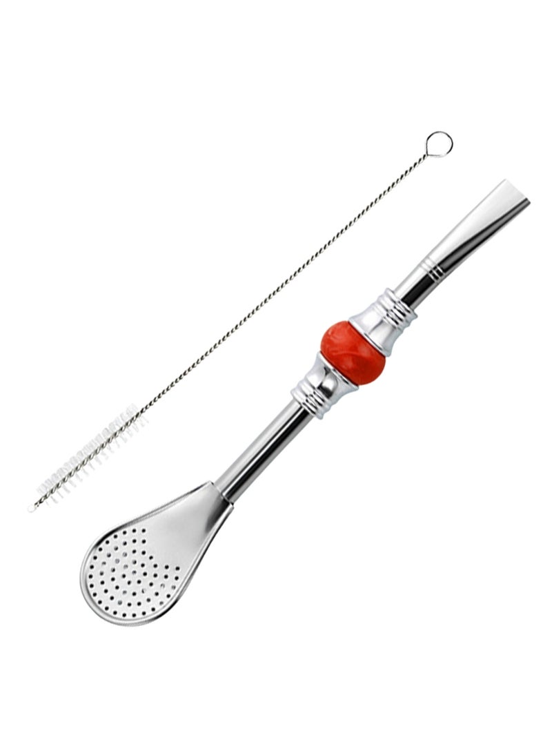 Yerba Mate Bombilla Straw with Filter Spoon & Cleaning Brush, Stainless Steel, Colorful Bead - Image 1