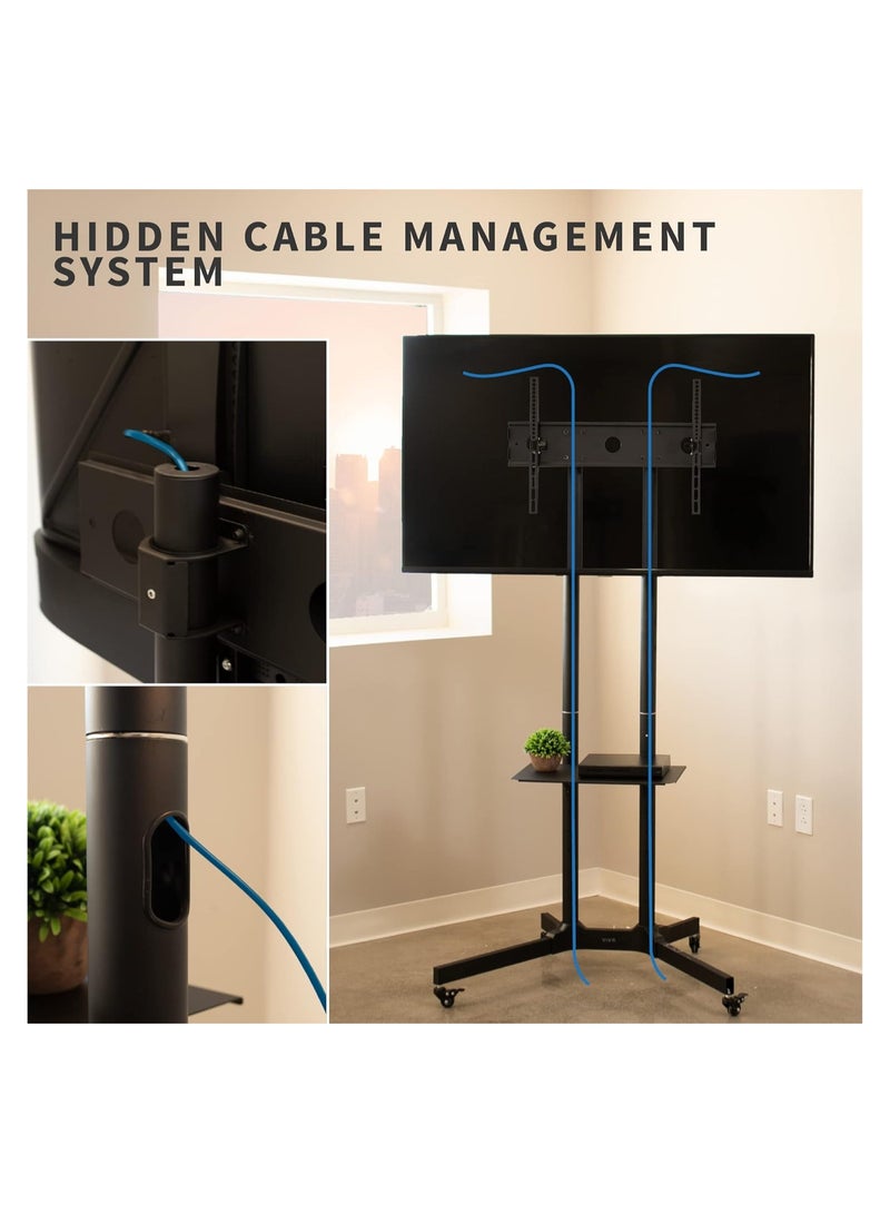 Black Rolling TV Cart for 32' to 65' LCD LED Plasma Flat Panel Screen | Mobile Stand with Wheels - Image 5