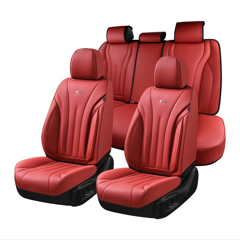 Coverado Seat Covers Full Set, Red Seat Covers for Cars, Front and Rear Seat Covers Waterproof Seat Cover, Leather Car Seat Protector, Universal Car Seat Cushion Fit for Most Sedan, SUV, Truck, Red - Image 1