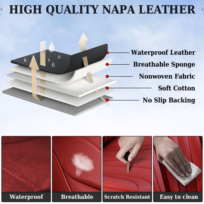 Coverado Seat Covers Full Set, Red Seat Covers for Cars, Front and Rear Seat Covers Waterproof Seat Cover, Leather Car Seat Protector, Universal Car Seat Cushion Fit for Most Sedan, SUV, Truck, Red - Image 5