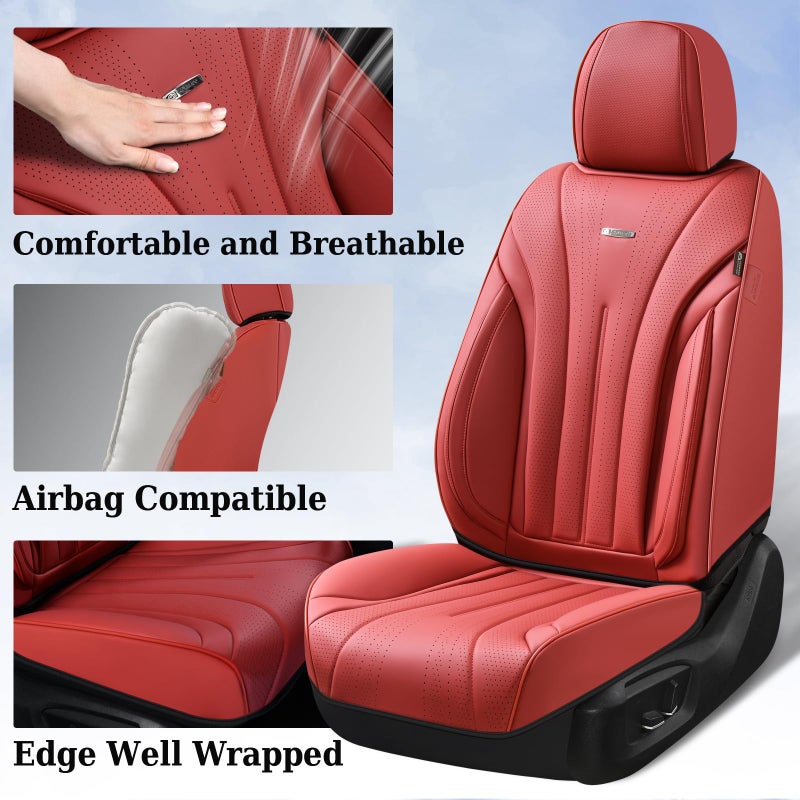 Coverado Seat Covers Full Set, Red Seat Covers for Cars, Front and Rear Seat Covers Waterproof Seat Cover, Leather Car Seat Protector, Universal Car Seat Cushion Fit for Most Sedan, SUV, Truck, Red - Image 3