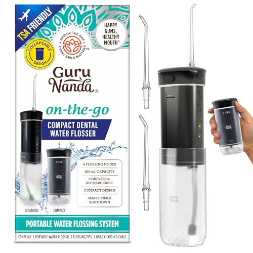 GuruNanda Compact Water Dental Flosser, Portable Travel Size Oral Irrigator Flosser with Collapsible 180 ml Tank, Smart Timer, 4 Flossing Modes, TSA-Approved - Black - Image 1