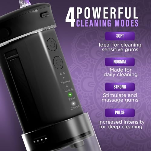 GuruNanda Compact Water Dental Flosser, Portable Travel Size Oral Irrigator Flosser with Collapsible 180 ml Tank, Smart Timer, 4 Flossing Modes, TSA-Approved - Black - Image 4