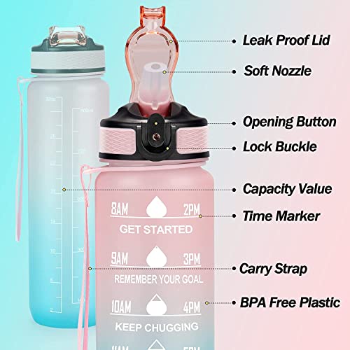 JUGTE Plastic Water Bottles 1 Litre Sipper Bottle For Adults Motivational Water Bottle Sipper With Straw & Time For Gym Office School Home Water Bottle For Kids (Pink) - Image 4
