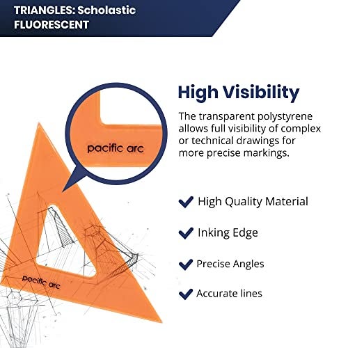 Pacific Arc's Scholastic Triangle - 8 inch - Fluorescent - 45/90 Angle - Polystyrene - Inking Edge - Technical Drawing Tools, Drafting, Architect and Engineering. - Image 3