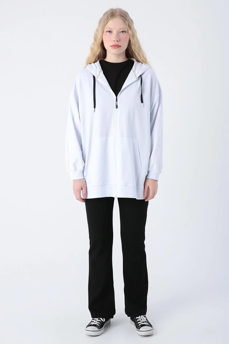 Allday White-Cotton Oversize Hooded Sweat Cardigan