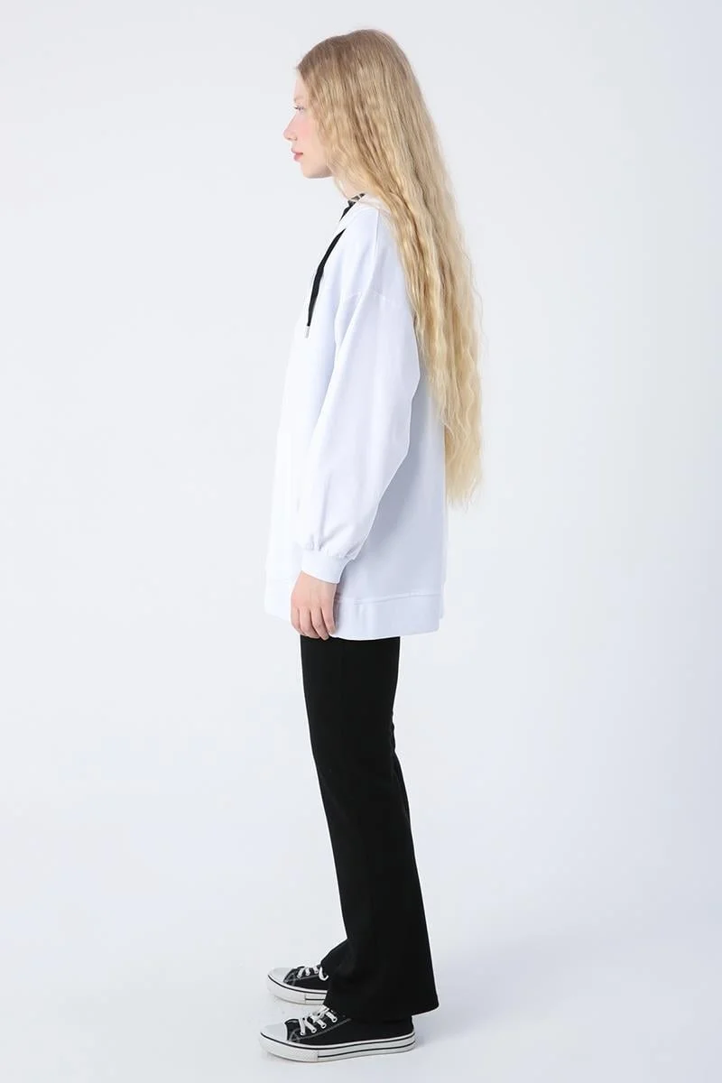 Allday White-Cotton Oversize Hooded Sweat Cardigan