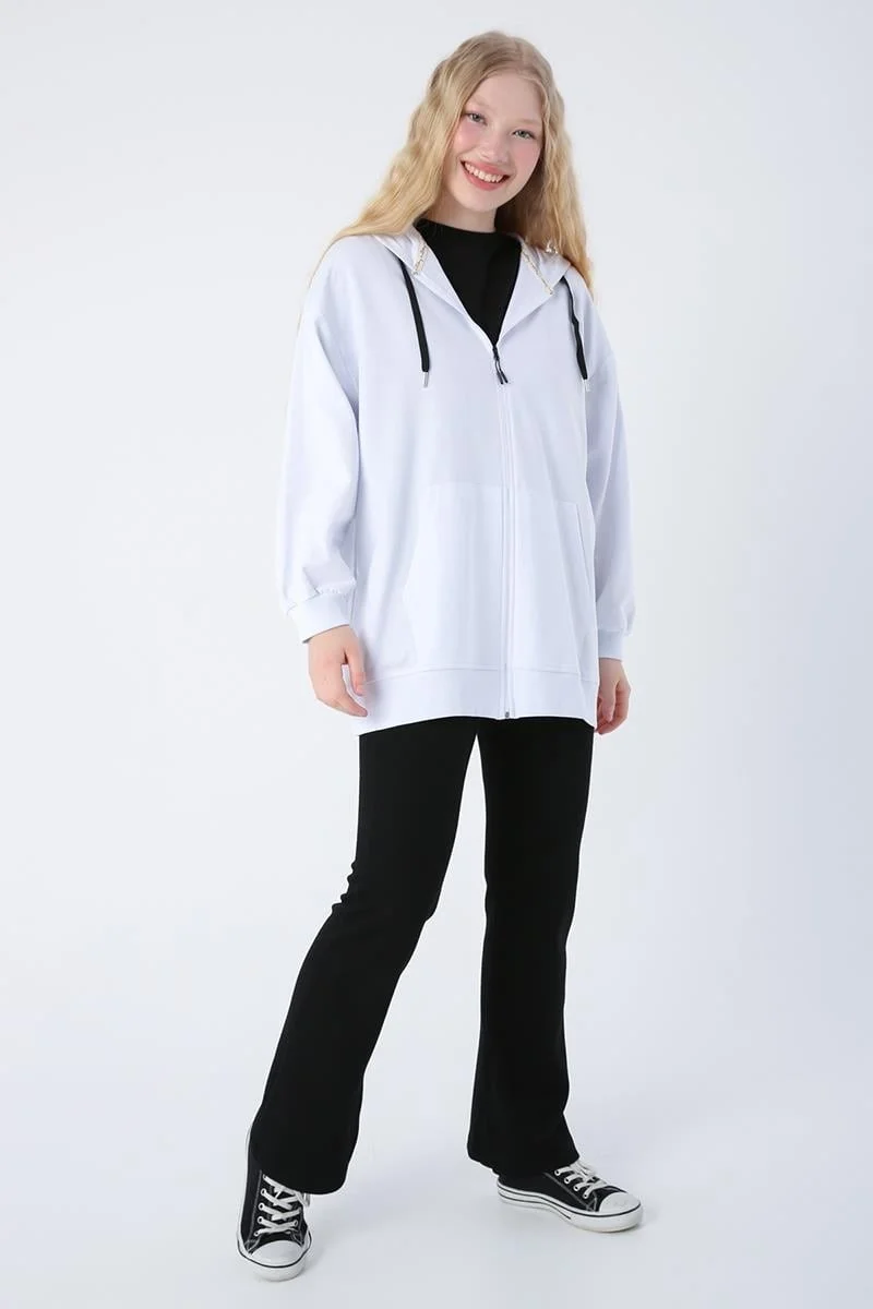Allday White-Cotton Oversize Hooded Sweat Cardigan