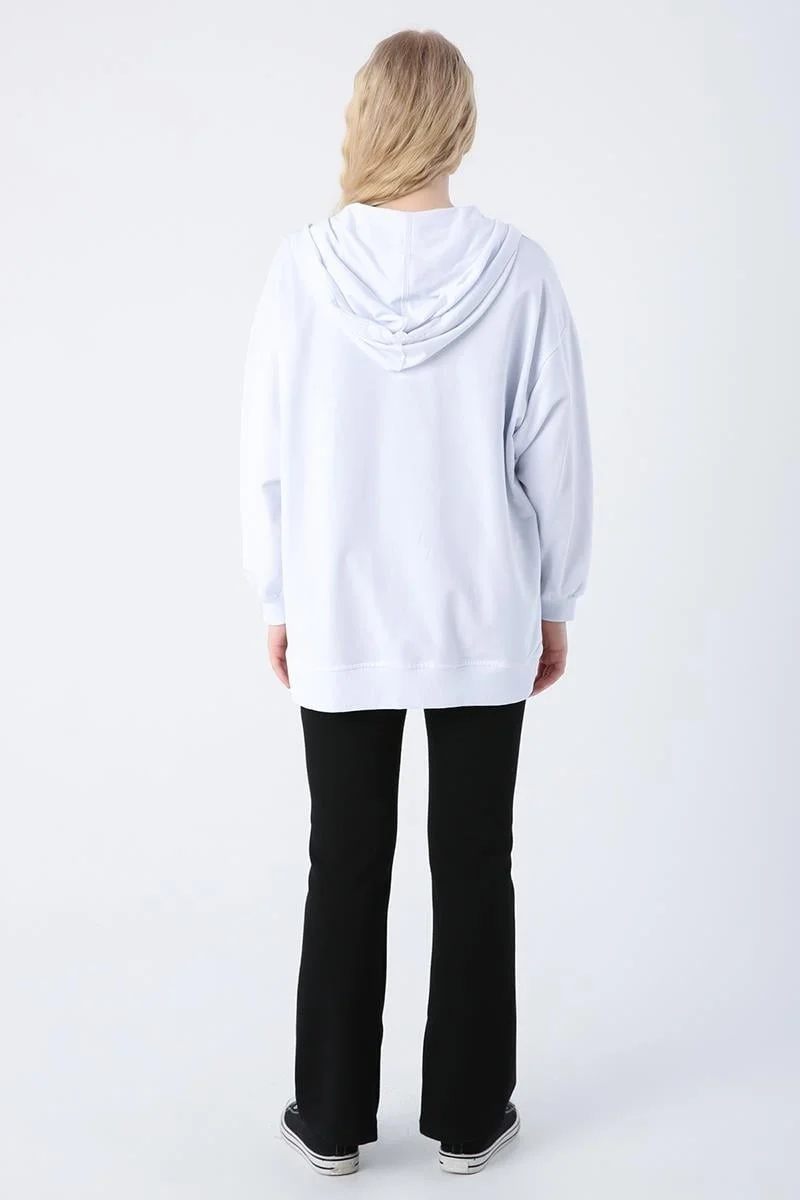 Allday White-Cotton Oversize Hooded Sweat Cardigan