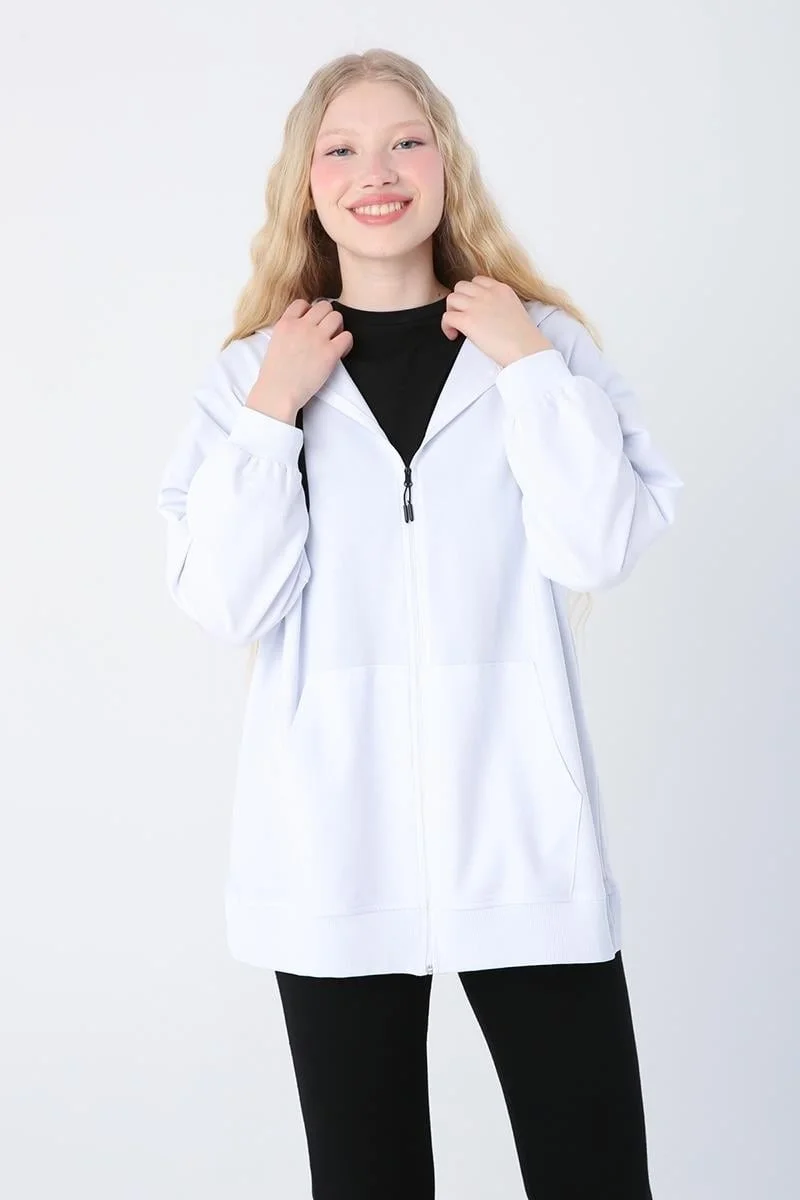 Allday White-Cotton Oversize Hooded Sweat Cardigan