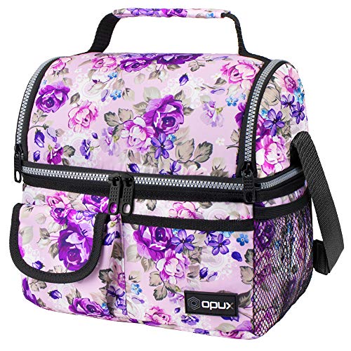 opux Lunch Bag Women Insulated Adult Lunch Box Cooler Flower Lunch Box Dual Compartment Lunchbox for Work Leakproof Double Decker Lunch Bag Soft Lunch Pail Tote Girls Kids School Floral Purple