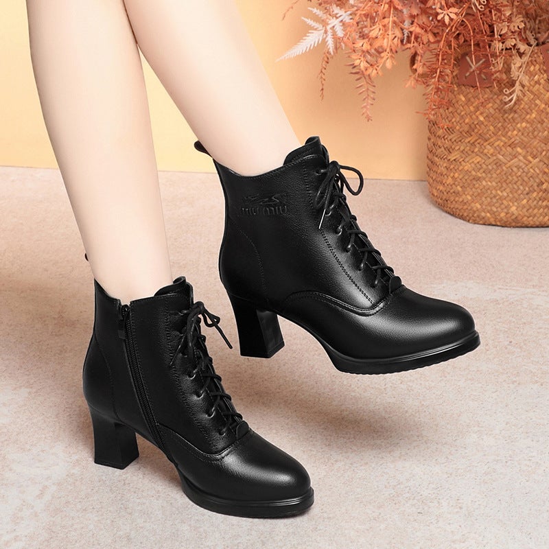 A Generation Of Soft Leather Boots Children'S New Thick-Heeled Short Boots High-Heeled Waterproof Shoes Fleece-Lined Martin Boots - Image 5
