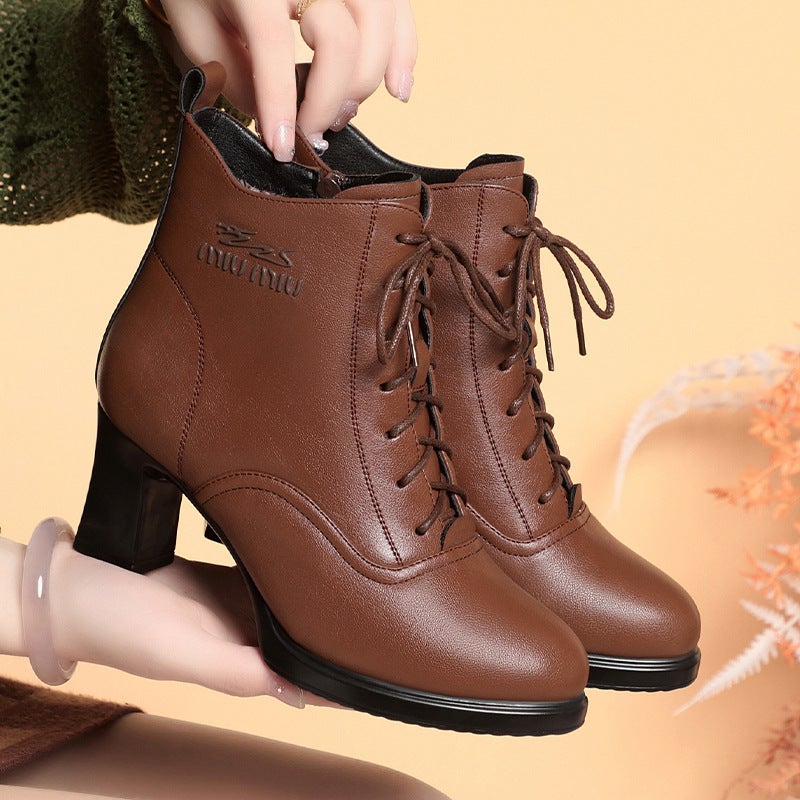 A Generation Of Soft Leather Boots Children'S New Thick-Heeled Short Boots High-Heeled Waterproof Shoes Fleece-Lined Martin Boots - Image 4