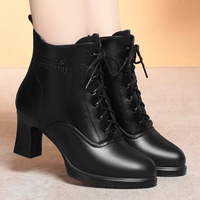 A Generation Of Soft Leather Boots Children'S New Thick-Heeled Short Boots High-Heeled Waterproof Shoes Fleece-Lined Martin Boots - Image 3