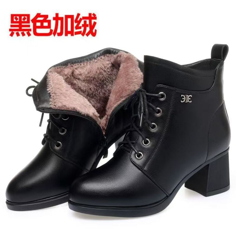 A Generation Of Soft Leather Boots Children'S New Thick-Heeled Short Boots High-Heeled Waterproof Shoes Fleece-Lined Martin Boots - Image 1