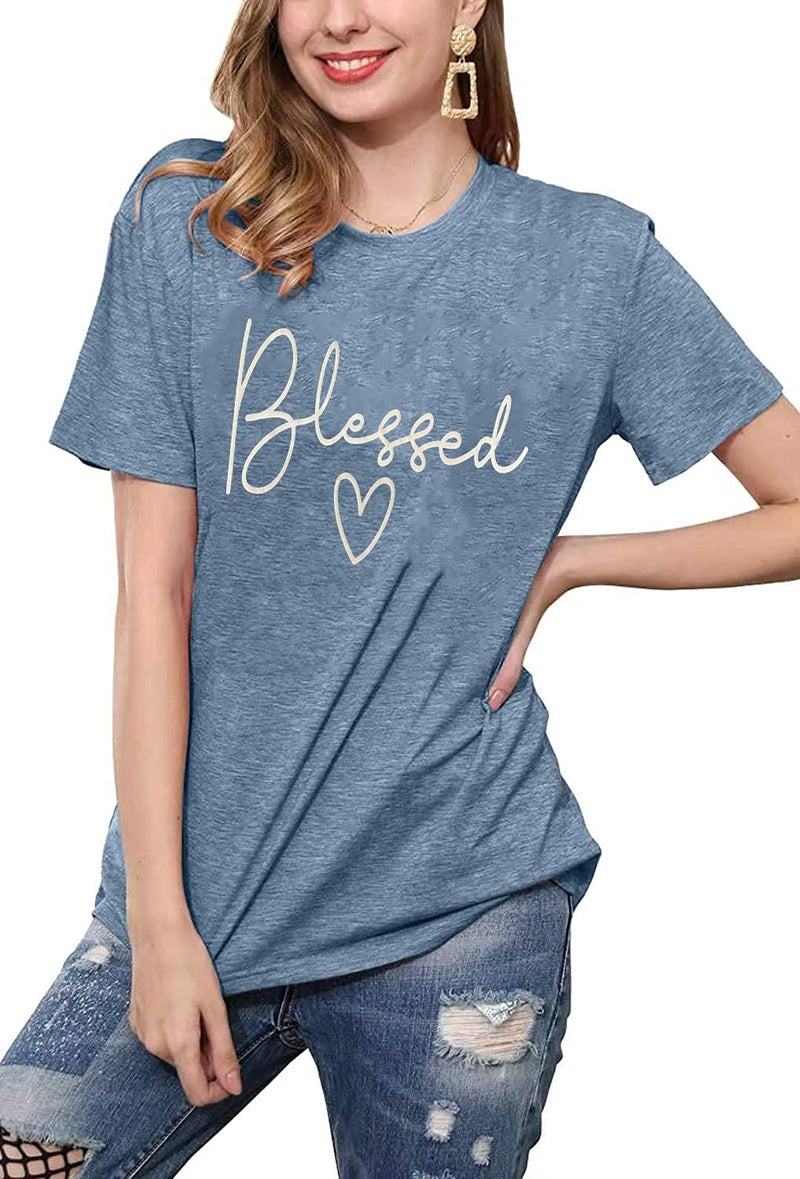 Bealatt Blessed T-Shirt for Women Cute Simple Sayings Heart Graphic Letter Print Shirts Casual Short Sleeve Thankful Tee Tops-Blue M - Image 3