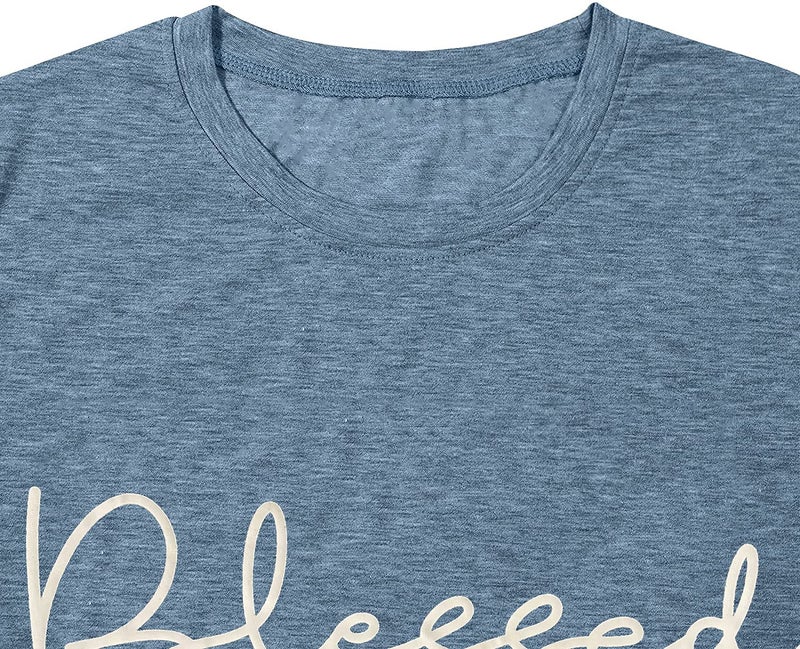 Bealatt Blessed T-Shirt for Women Cute Simple Sayings Heart Graphic Letter Print Shirts Casual Short Sleeve Thankful Tee Tops-Blue M - Image 4