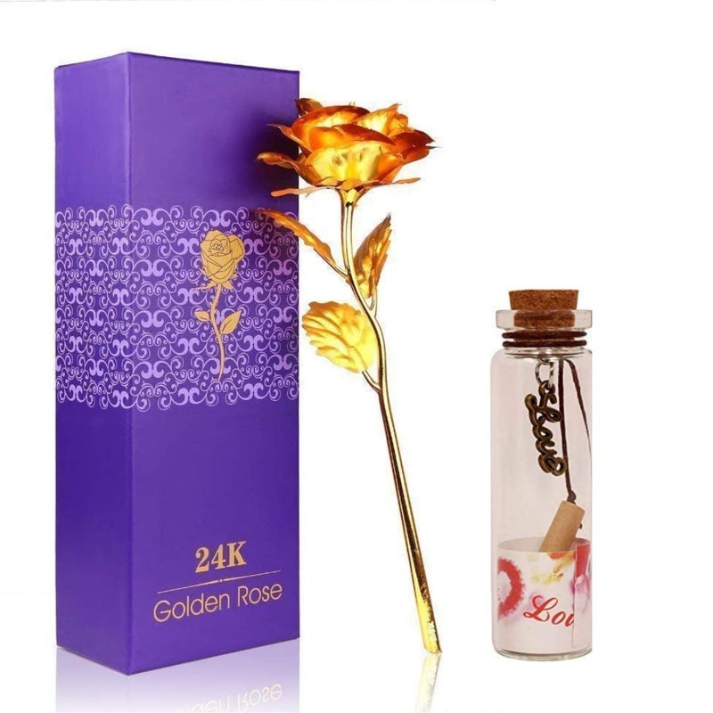 Desi Vastra Artificial Golden Rose Flower for Decorations with Message Bottle 24K Gold Rosefor Loves OnesValentines DayMothers DayAnniversaryBirthday10 inch with Loving Box and Carry Bag 