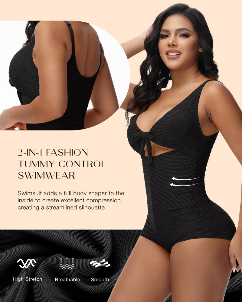 SHAPSHE Women Sexy Cutout One Piece Swimsuits Tummy Control High Waisted Halter Front Tie Knot Bathing Suit Black Swimsuit - Image 4