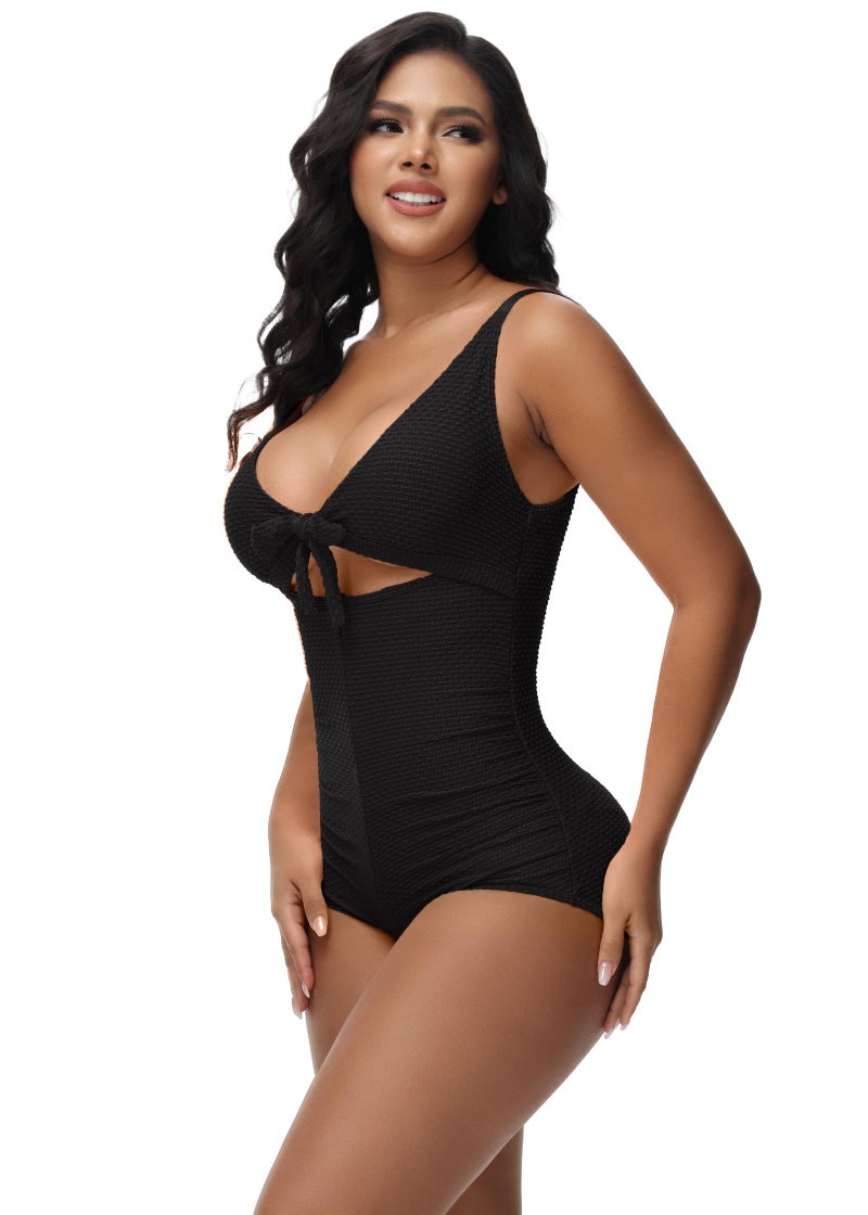 SHAPSHE Women Sexy Cutout One Piece Swimsuits Tummy Control High Waisted Halter Front Tie Knot Bathing Suit Black Swimsuit - Image 2