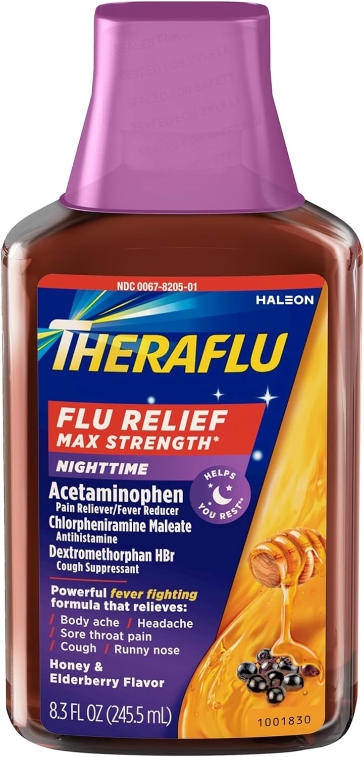 Theraflu دواء إنفلونزا ليلي بقوة ماكس لتخفيف أعراض الإنفلونزا مع أسيتامينوفين ديكستروميثورفان HBr وكلورفينيرامين ماليات بنكهة العسل والبرقوق 83 أونصة سائلة - Image 1