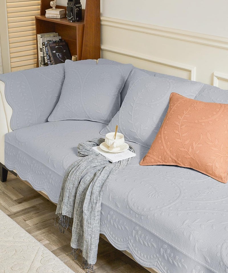 XSlive Leaf Floral Cotton Quilted Dog Couch Cover for Sofa Farmhouse Rustic Embroidered Sectional Couch Cover Soft Anti-Slip Sofa Slipcover Furniture Protector for Kids, Pets (Grey,28"x28") - Image 4