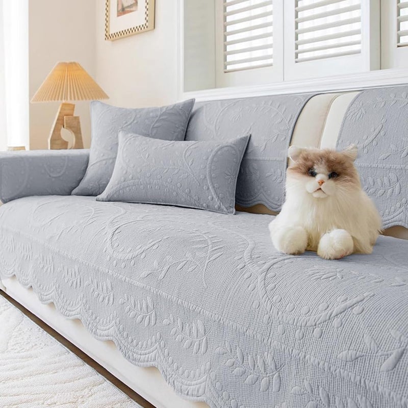 XSlive Leaf Floral Cotton Quilted Dog Couch Cover for Sofa Farmhouse Rustic Embroidered Sectional Couch Cover Soft Anti-Slip Sofa Slipcover Furniture Protector for Kids, Pets (Grey,28"x28") - Image 1