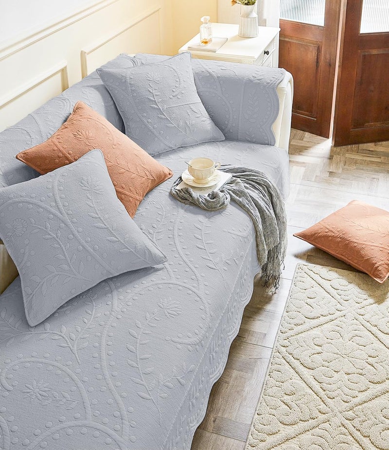 XSlive Leaf Floral Cotton Quilted Dog Couch Cover for Sofa Farmhouse Rustic Embroidered Sectional Couch Cover Soft Anti-Slip Sofa Slipcover Furniture Protector for Kids, Pets (Grey,28"x28") - Image 3
