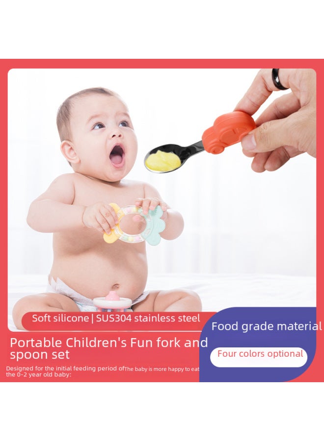 Baby Eating Spoon Short Handle Stainless Steel Car Silicone Fork Spoon Baby Training Tableware Children's Supplementary Food Spoon Package-Specifications:304 Red Car OPP Bag - Image 3