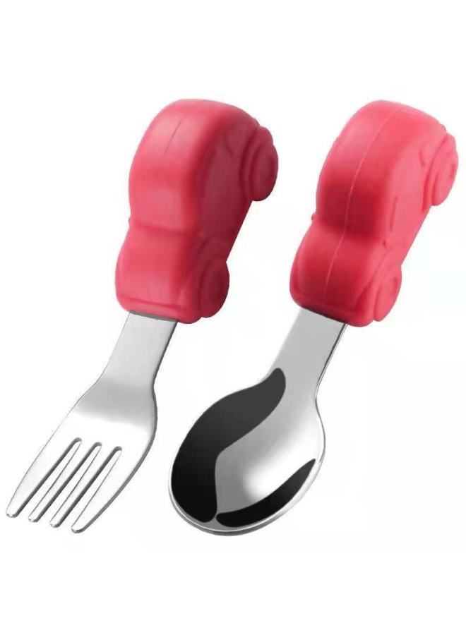 Baby Eating Spoon Short Handle Stainless Steel Car Silicone Fork Spoon Baby Training Tableware Children's Supplementary Food Spoon Package-Specifications:304 Red Car OPP Bag - Image 1