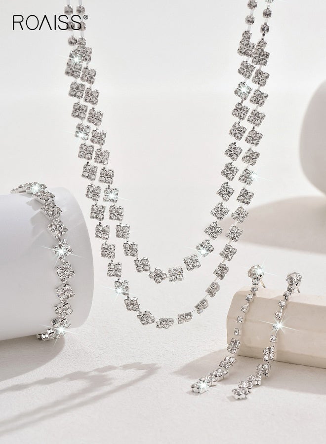 roaiss Women’s Bridal Silver Rhinestone Three Piece Set Necklace and Earrings Exuding Luxury Temperament Super Sparkling Dinner Ball Jewelry Accessories Perfect for Wedding Gown or Evening Dress Statement Look - Image 3