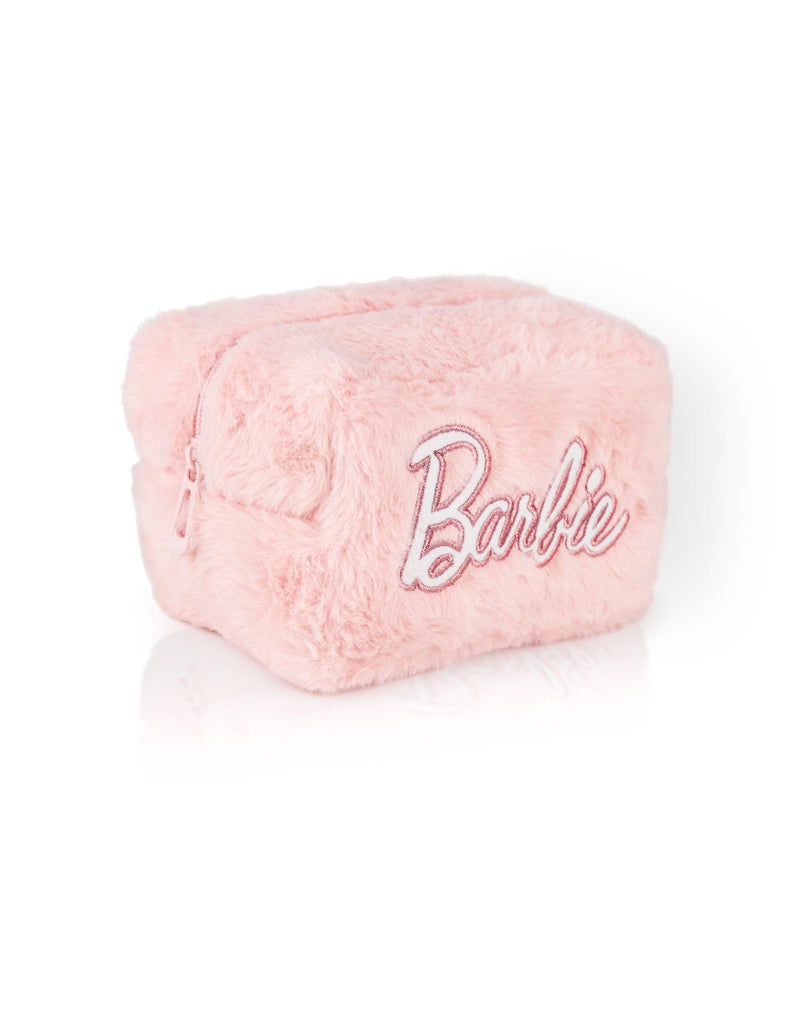 Barbie Womens Fluffy Makeup Bag | Ladies All Over Fur with Embroidered Logo in Pink | Classic Logo Zip Cosmetic Storage Bag - Image 1
