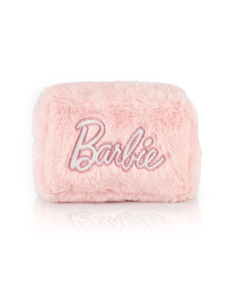 Barbie Womens Fluffy Makeup Bag | Ladies All Over Fur with Embroidered Logo in Pink | Classic Logo Zip Cosmetic Storage Bag - Image 3