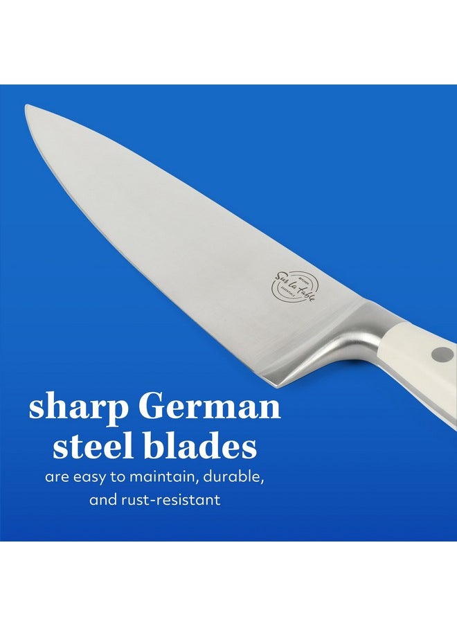 Sur La Table Kitchen Essentials 5 Piece German Steel Blade w/Triple Riveted Handle Set on Beechwood Magnetic Block - Linen White