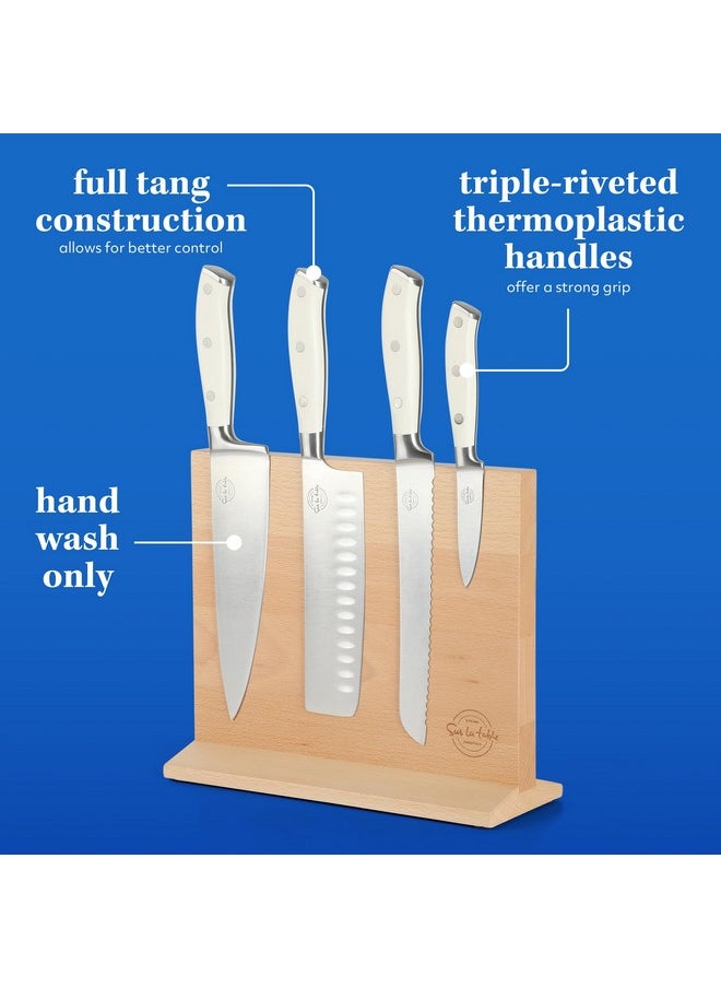 Sur La Table Kitchen Essentials 5 Piece German Steel Blade w/Triple Riveted Handle Set on Beechwood Magnetic Block - Linen White